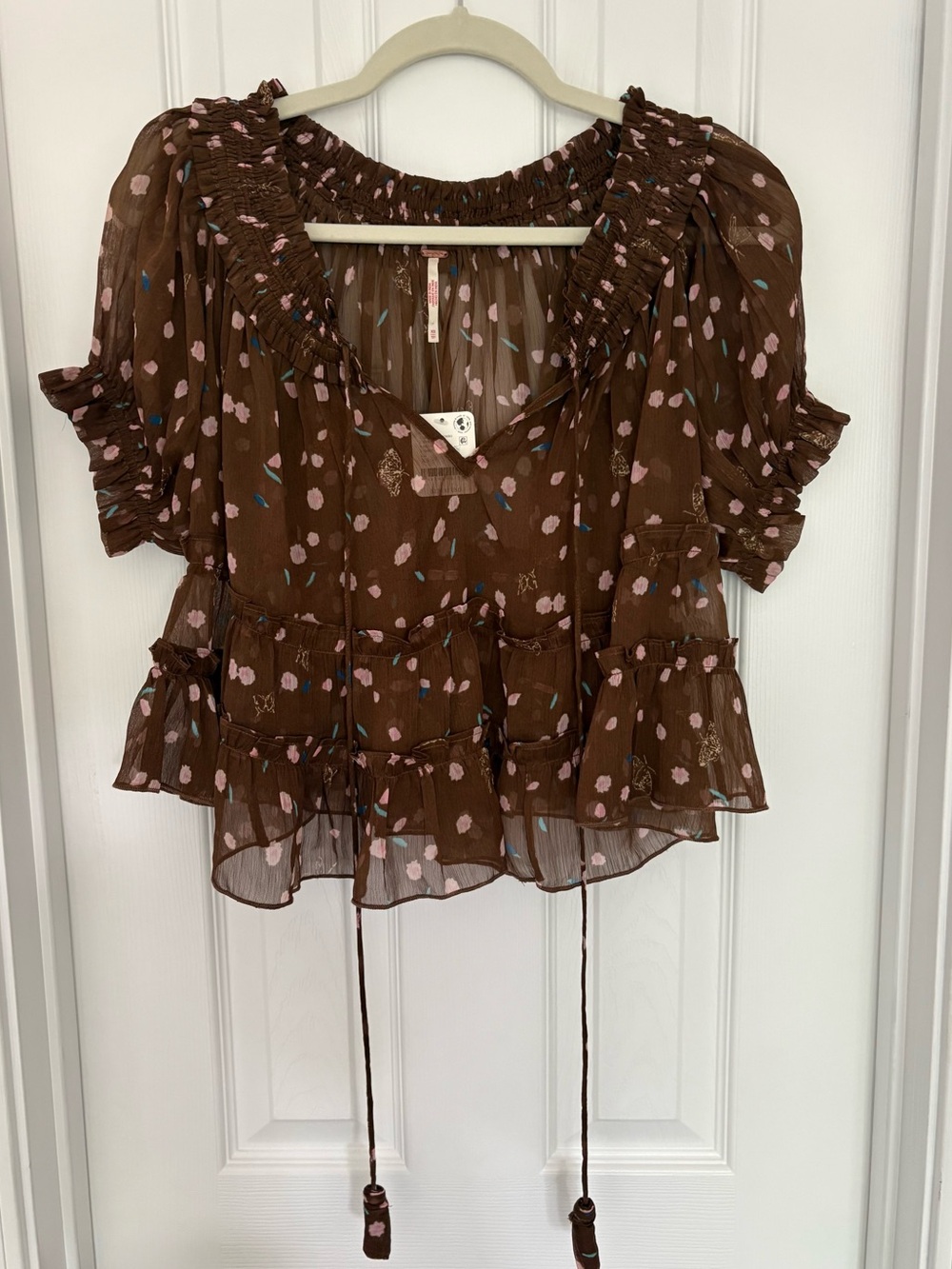 NWT Free People Brown Floral Sheer Chiffon Ruffle Blouse Smocked Top | XS